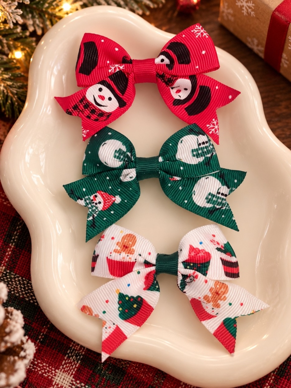 Holiday Christmas Snowman Hair Bows Trio - Red, Green, White New